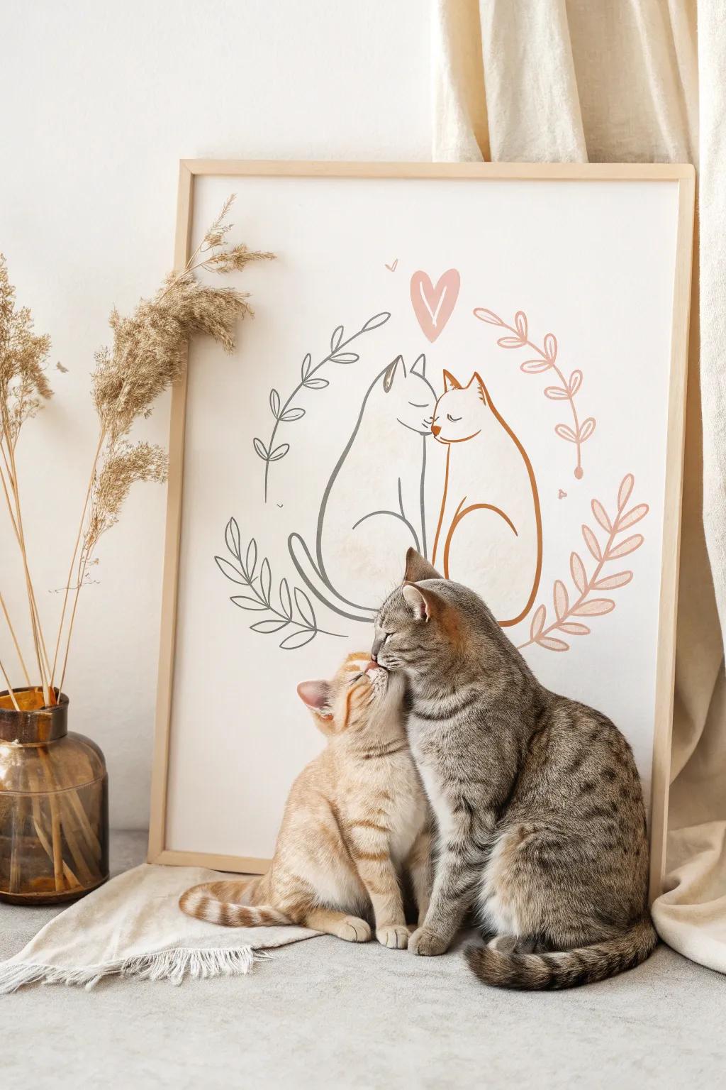 Embrace the warmth of love in simplicity: Cats cuddling in serene elegance.