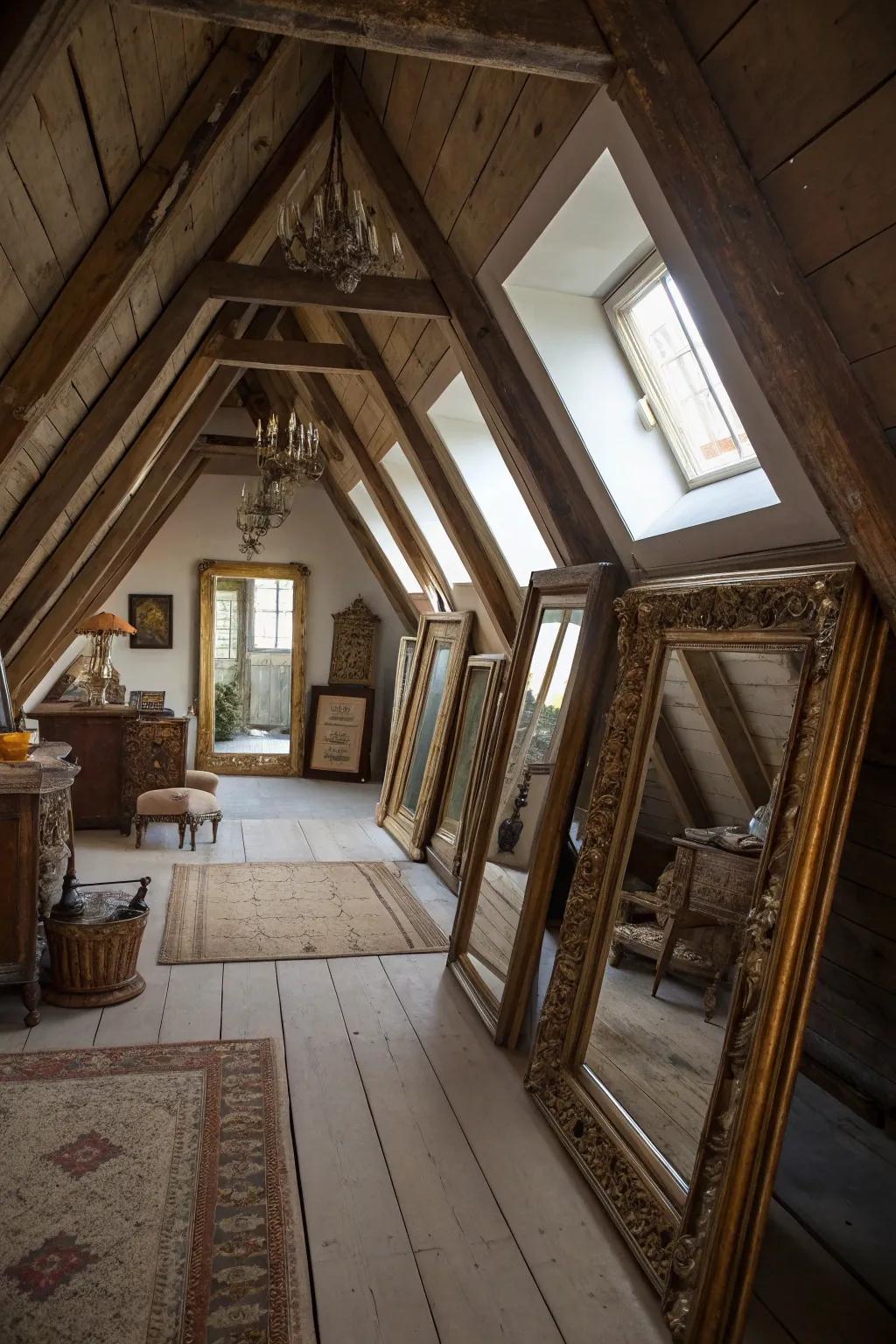 Mirrors enhance light and create the illusion of space in attic rooms.
