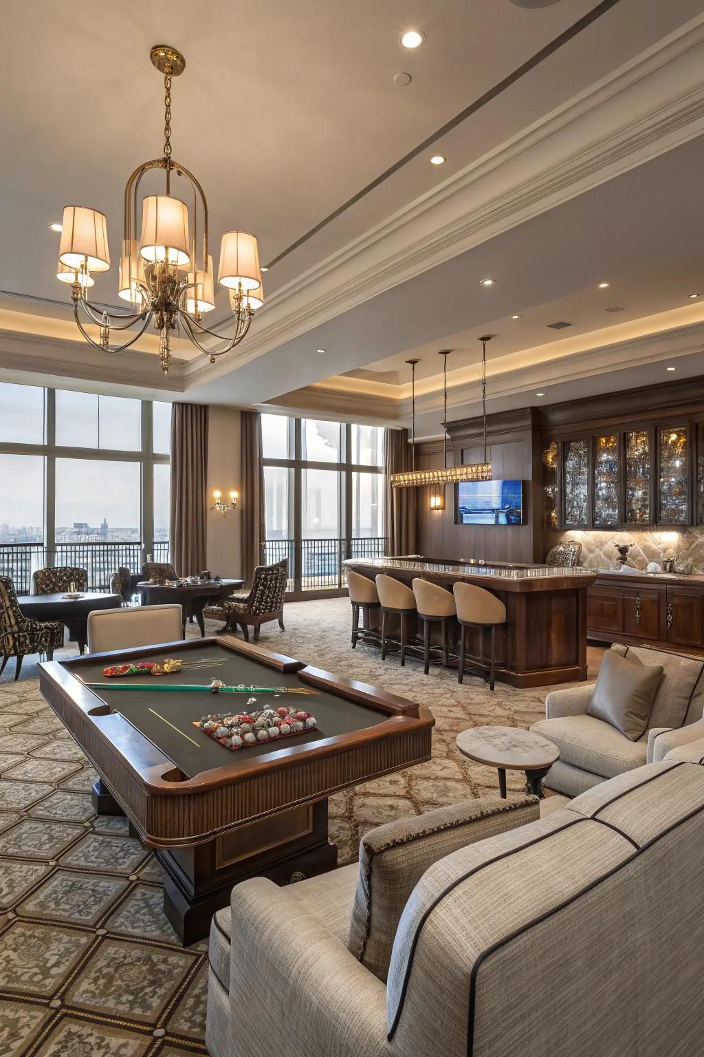 A stylish bar area in a game room perfect for entertaining guests.