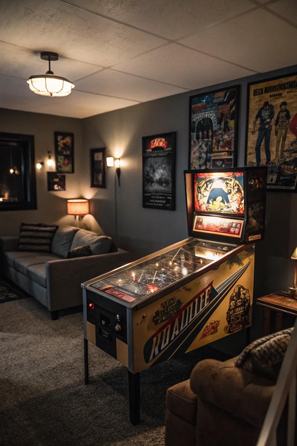 A pinball machine adds classic arcade excitement.
