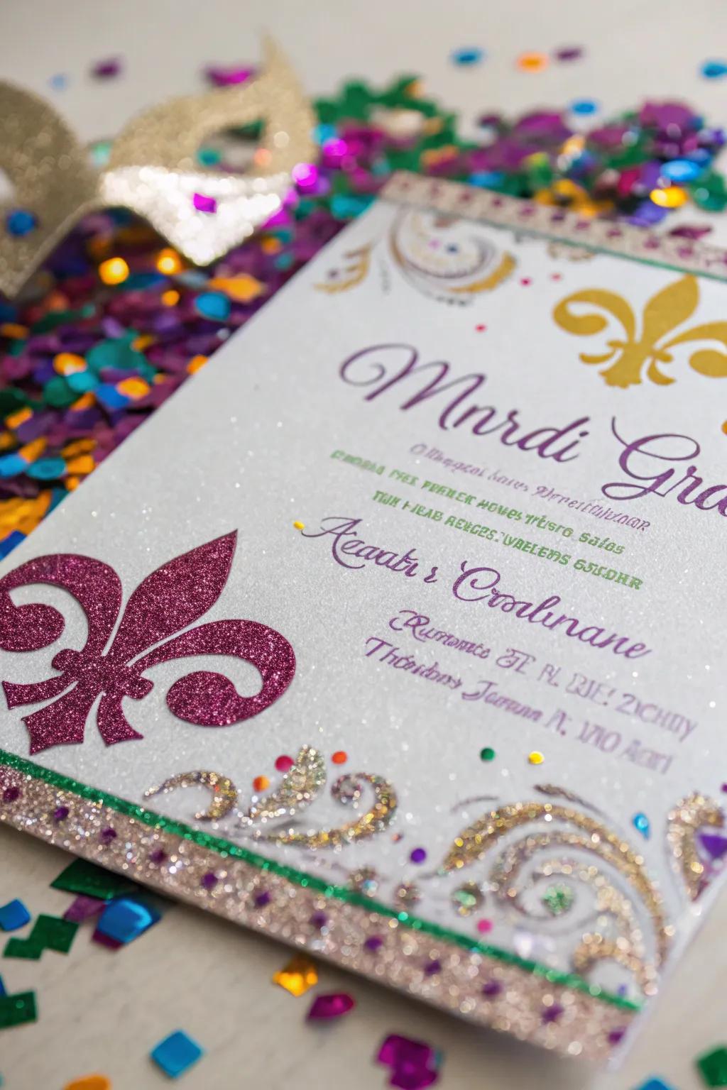 Glitter and confetti bring a festive sparkle to your invitation design.