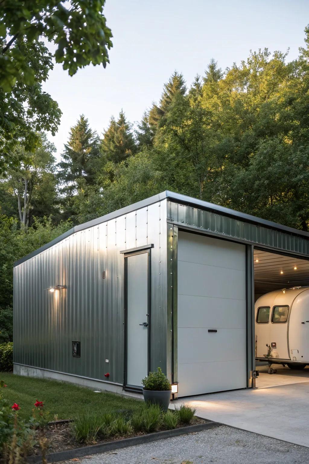 Give your camper the ultimate protection with a stylish detached metal garage - where security meets sleek design.