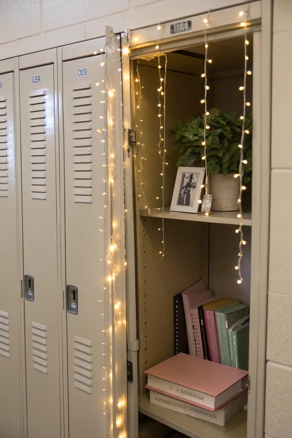 Transform your locker into a warm and inviting retreat with delicate LED string lights. Simple touches for a cozy glow!
