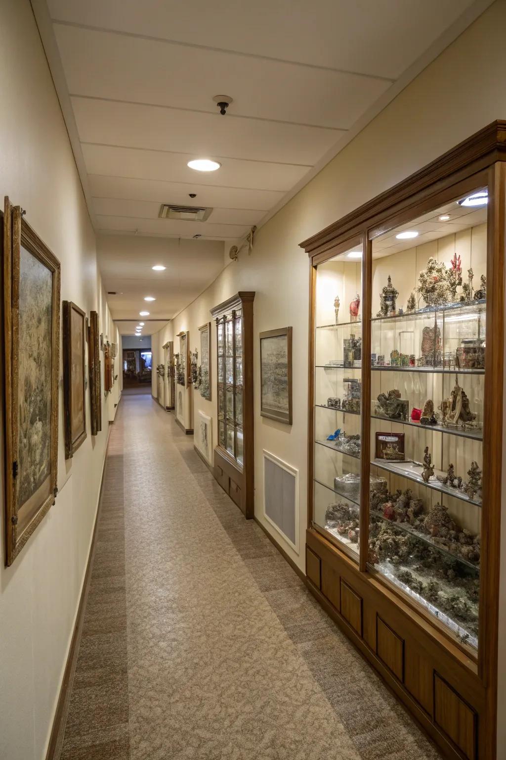 Wall-mounted displays turn a hallway into a miniature gallery.