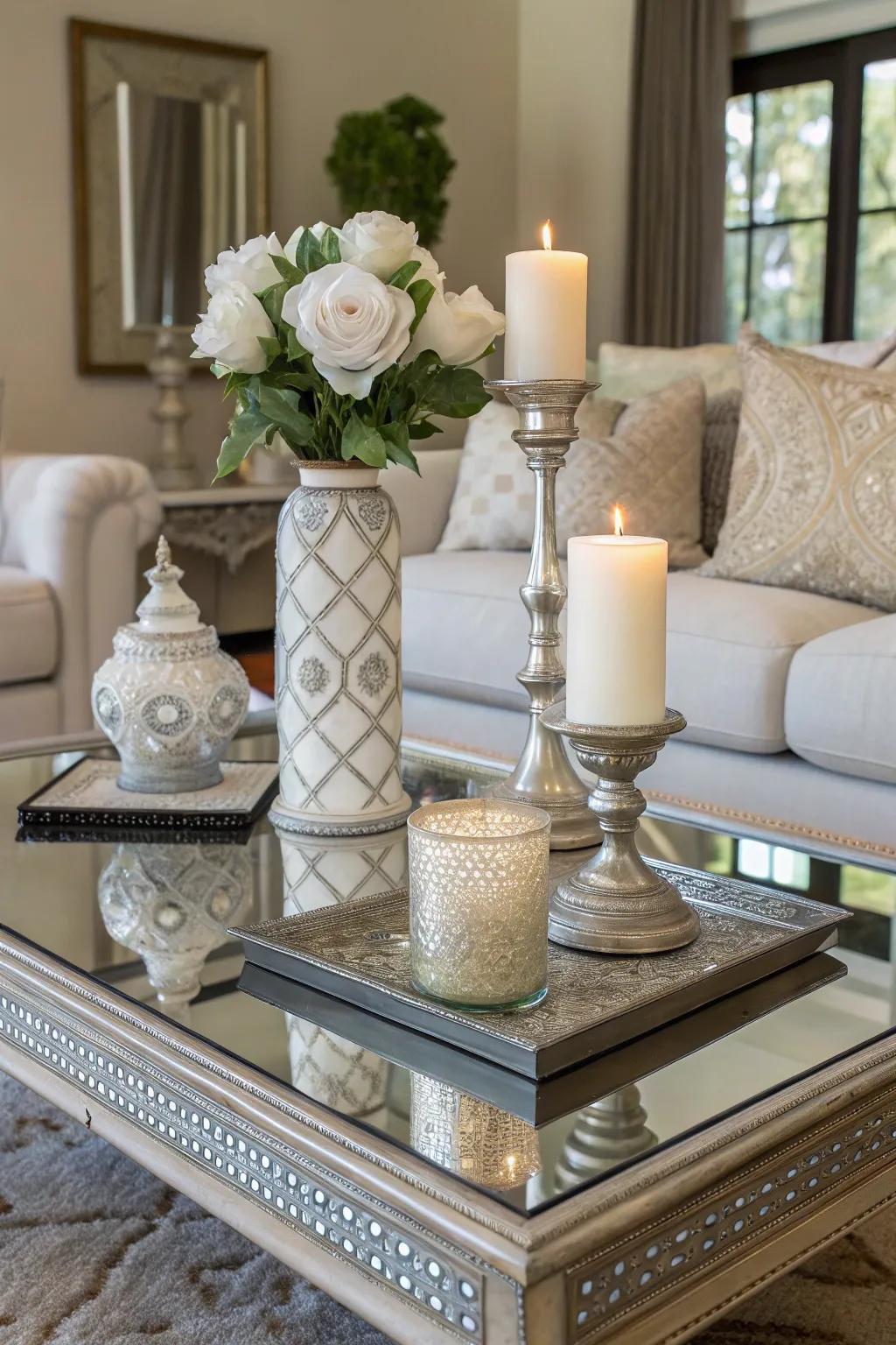 Symmetry brings harmony and balance to your mirror coffee table decor.