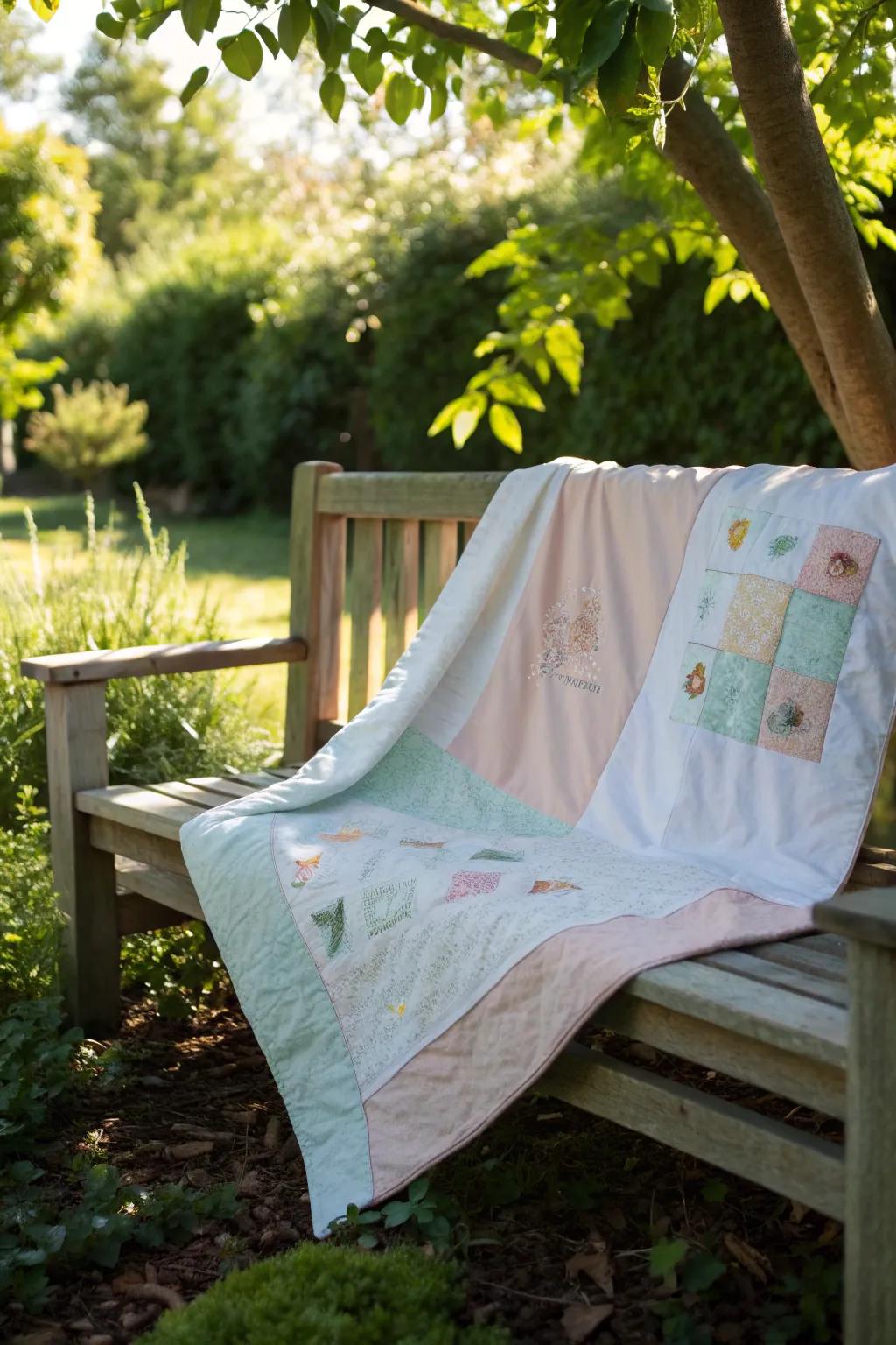 Transform your garden into a cozy retreat with a stunning t-shirt quilt – where memories meet nature.