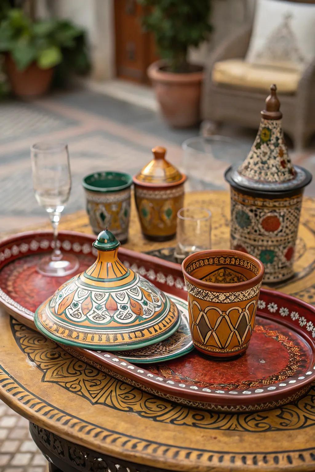 Ornate trays and pottery enhance table settings beautifully.