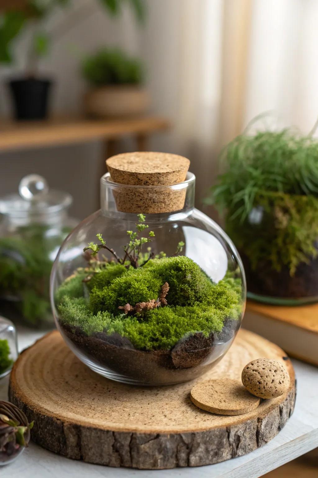 Embrace nature's simplicity with this charming cork-top moss terrarium, an eco-friendly delight for any minimalist space.