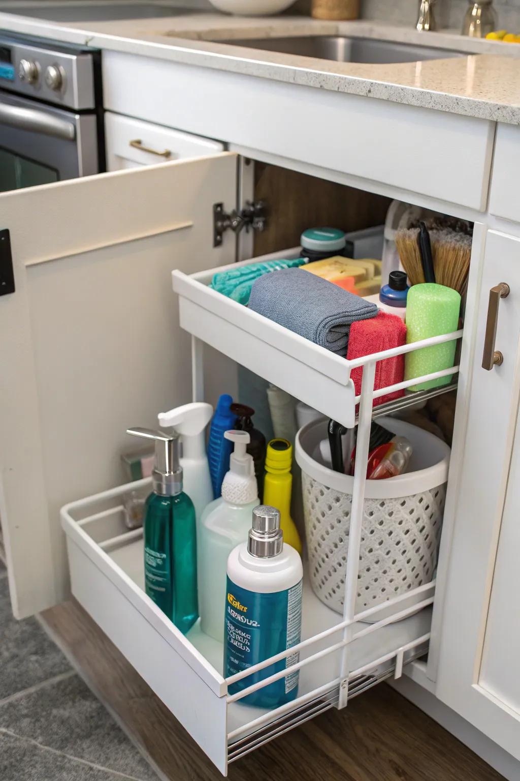 Optimize under-sink space with sliding shelves for easy access.