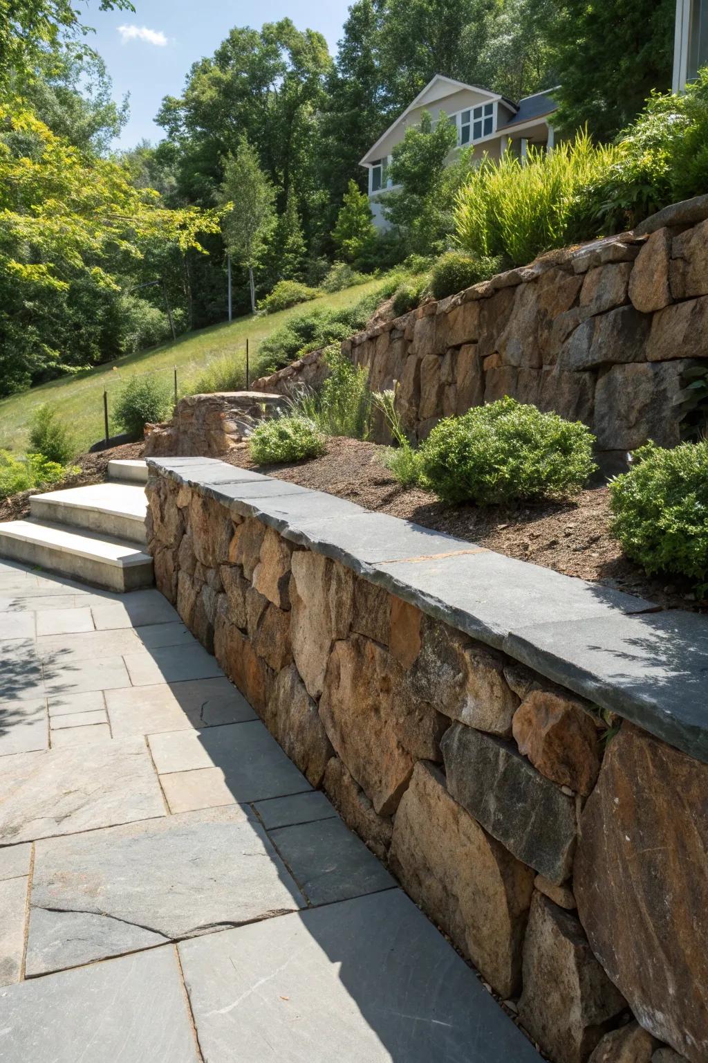 Discover the perfect balance of rustic charm and formal elegance with this unique stone retaining wall.