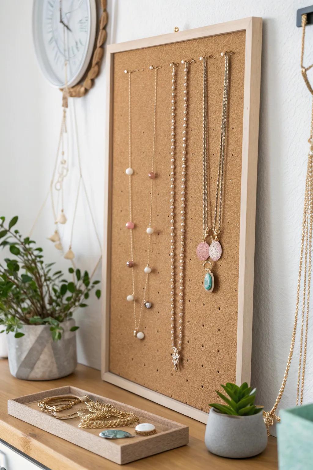 Effortless elegance meets practical storage: Transform your necklace organization with a chic corkboard display.