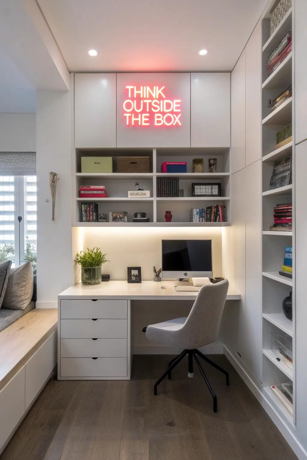 A modern home office enhanced by a 'Think Outside the Box' neon sign.