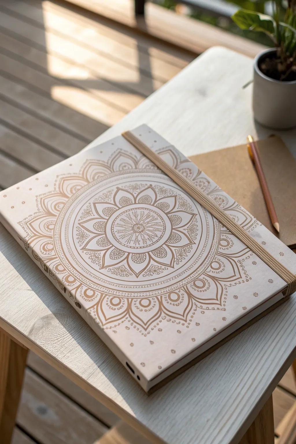 Embrace tranquility with a mandala-adorned notebook cover. Perfect for capturing your thoughts in style.