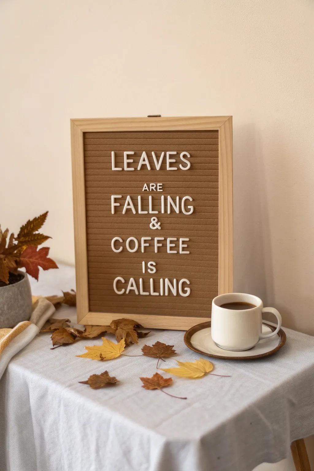 Embrace the cozy vibes of November with a letter board that speaks to your soul: 'Leaves are Falling & Coffee is Calling'. #AutumnAesthetic #ScandiBoho