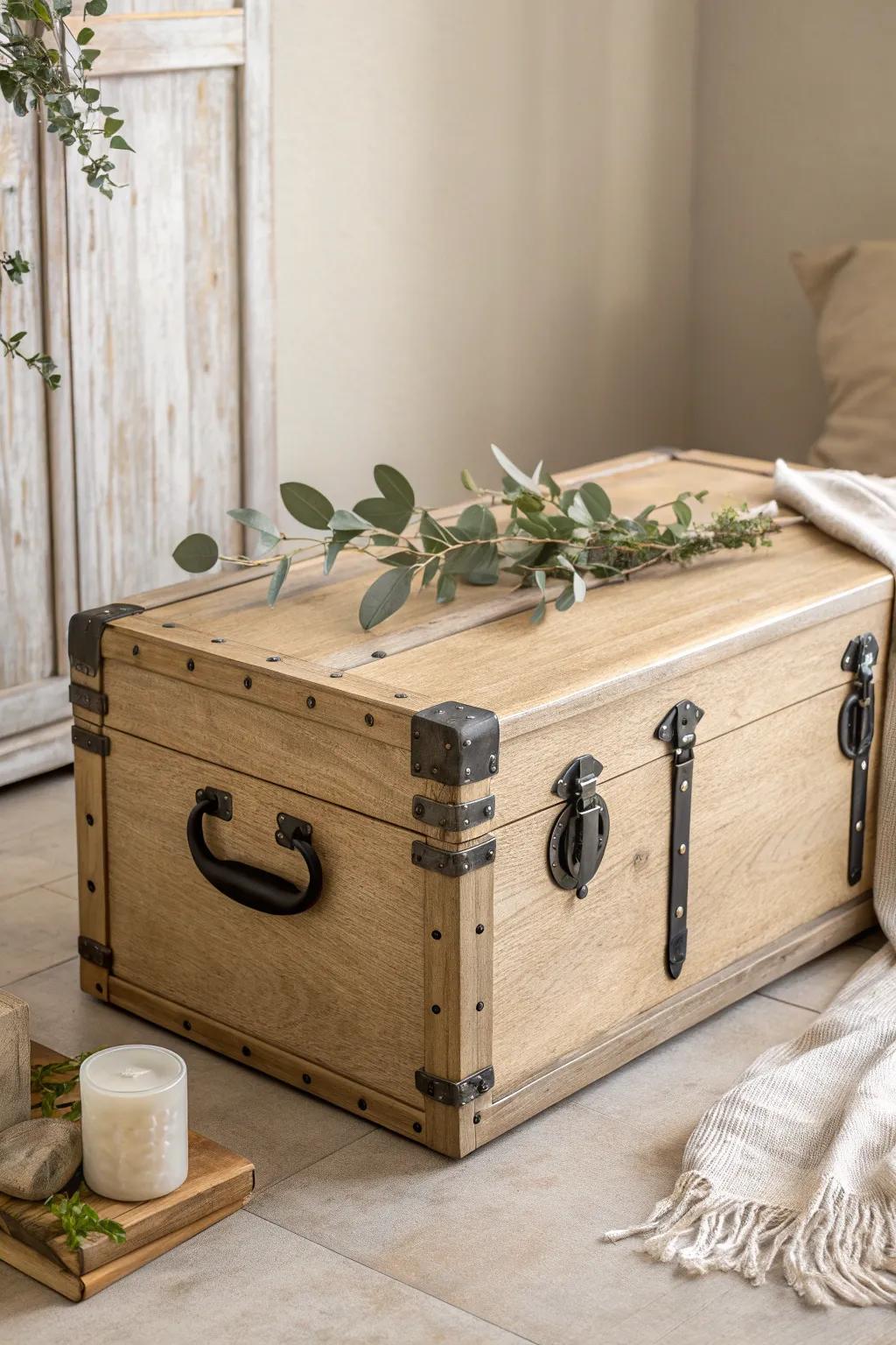 Elevate your space with an industrial twist: sleek metal handles transform this vintage trunk into a contemporary masterpiece.