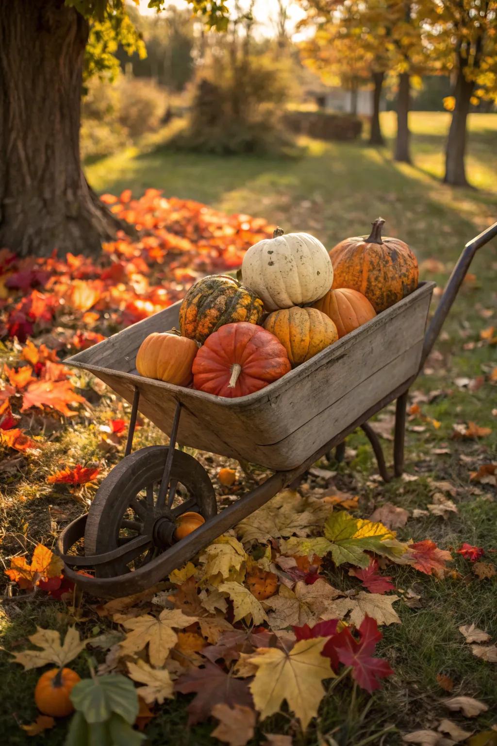 Celebrate the beauty of fall with a charming wheelbarrow display.