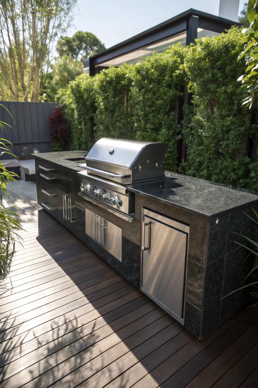 Elevate your outdoor cooking with a stylish built-in grill station that seamlessly blends with nature.
