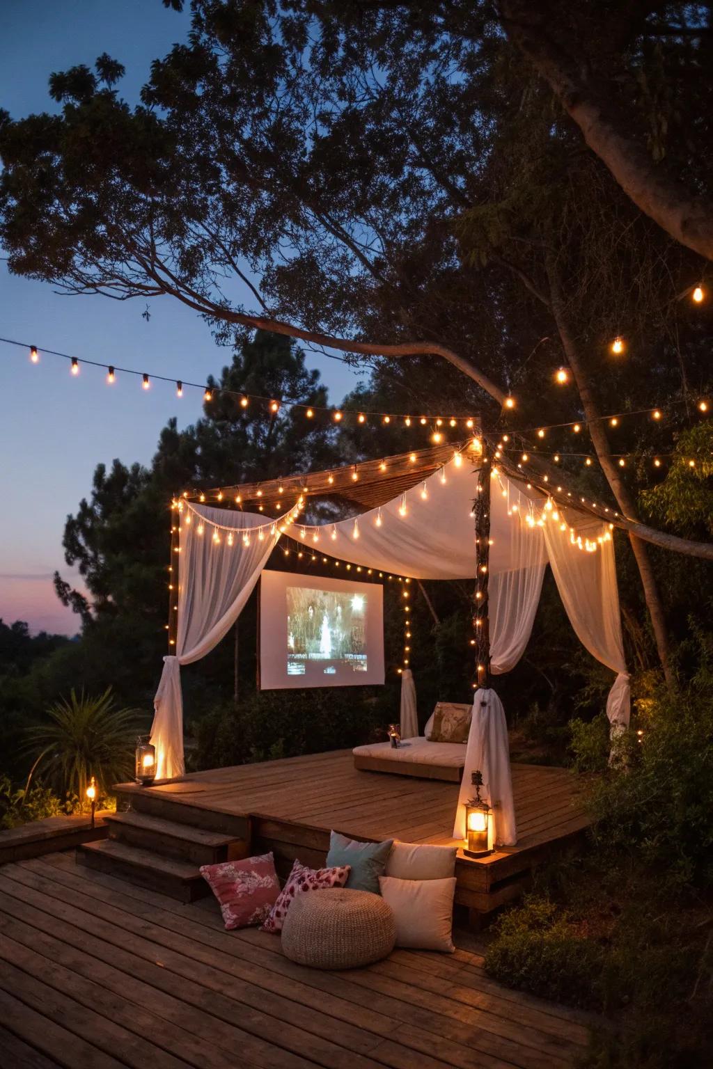 Transform your outdoor movie nights with the enchanting glow of string lights.