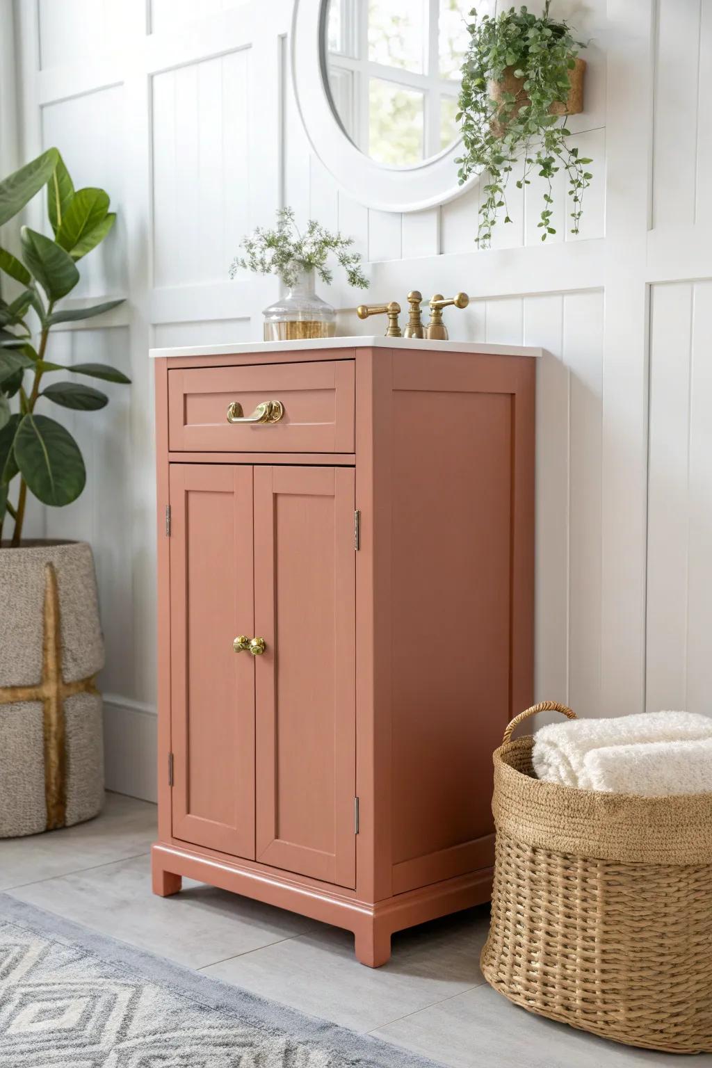 Transform your bathroom into a cozy retreat with rich terracotta cabinets and elegant brass touches.