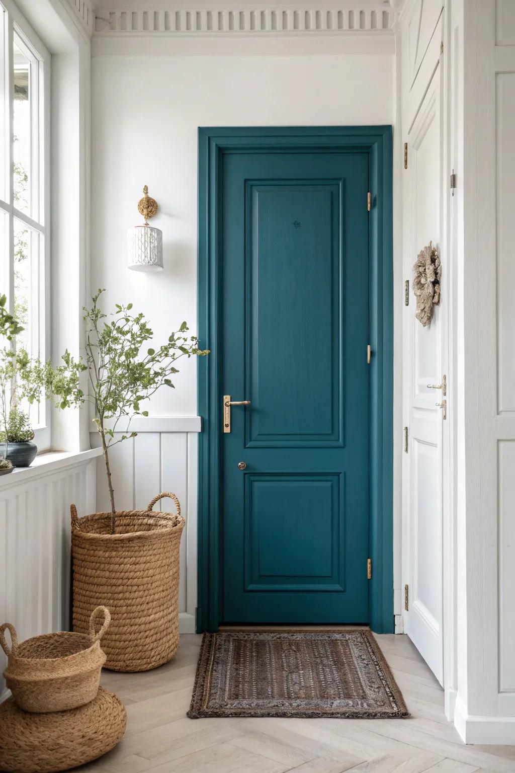 Transform your space with a bold teal door—where minimalism meets personality.