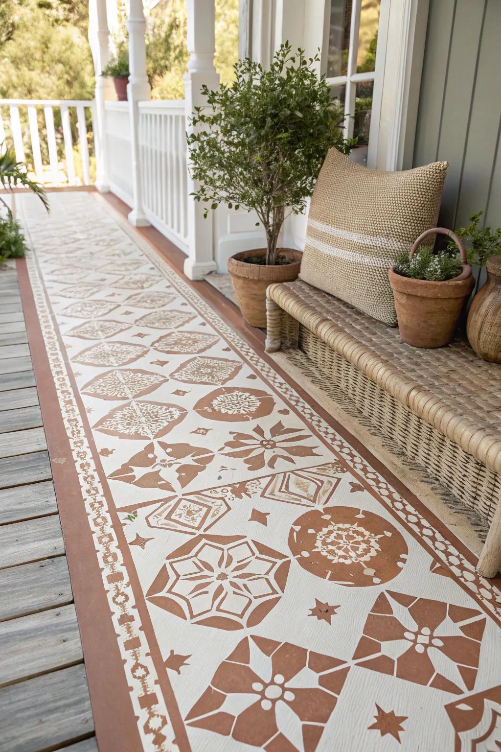 Transform your porch with stenciled tile patterns for a Mediterranean charm.