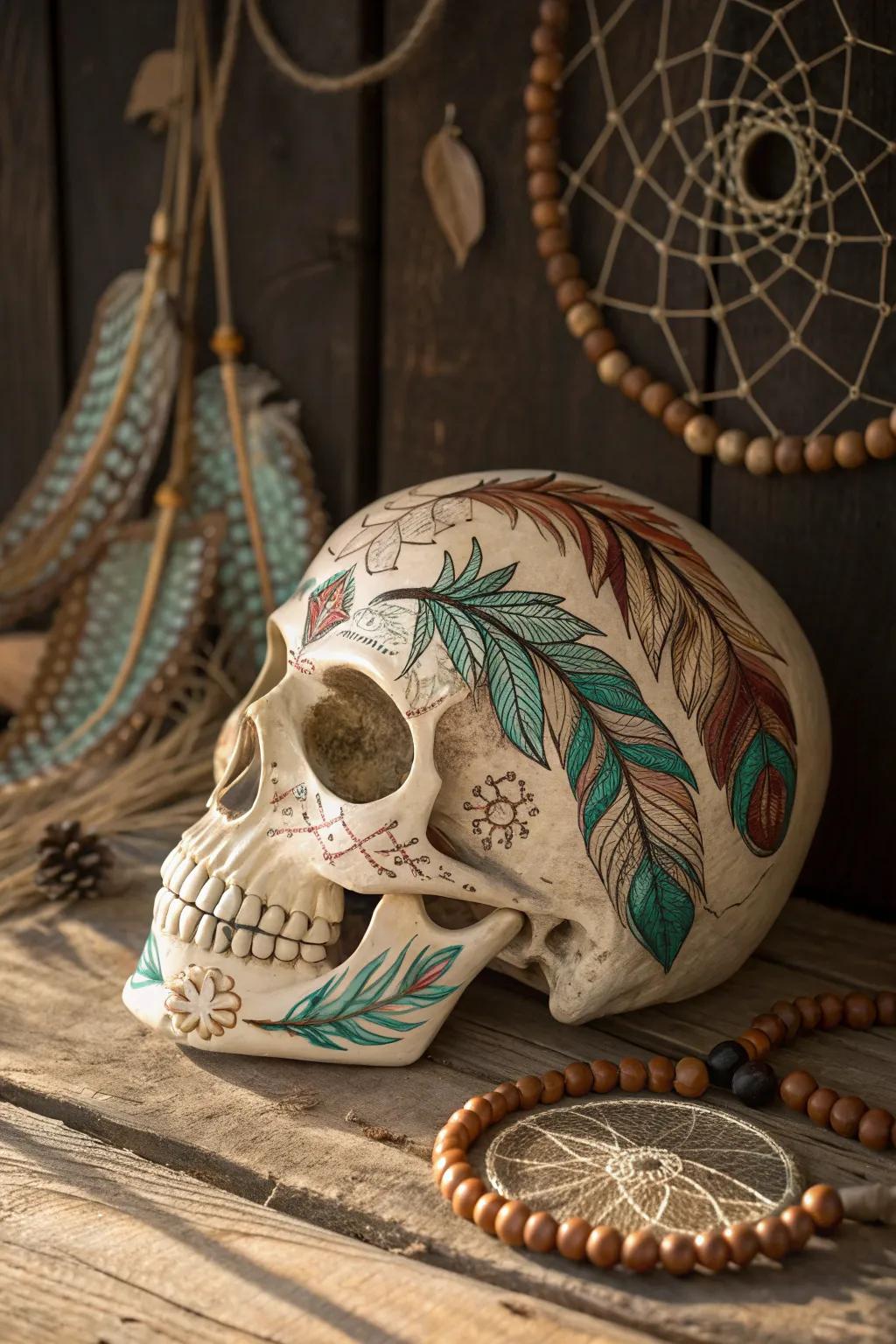Embrace bohemian elegance with this feather-adorned skull masterpiece.