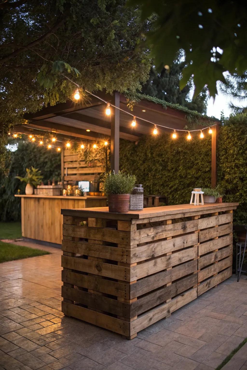 Unwind in style with this rustic pallet bar, where charm meets tranquility.