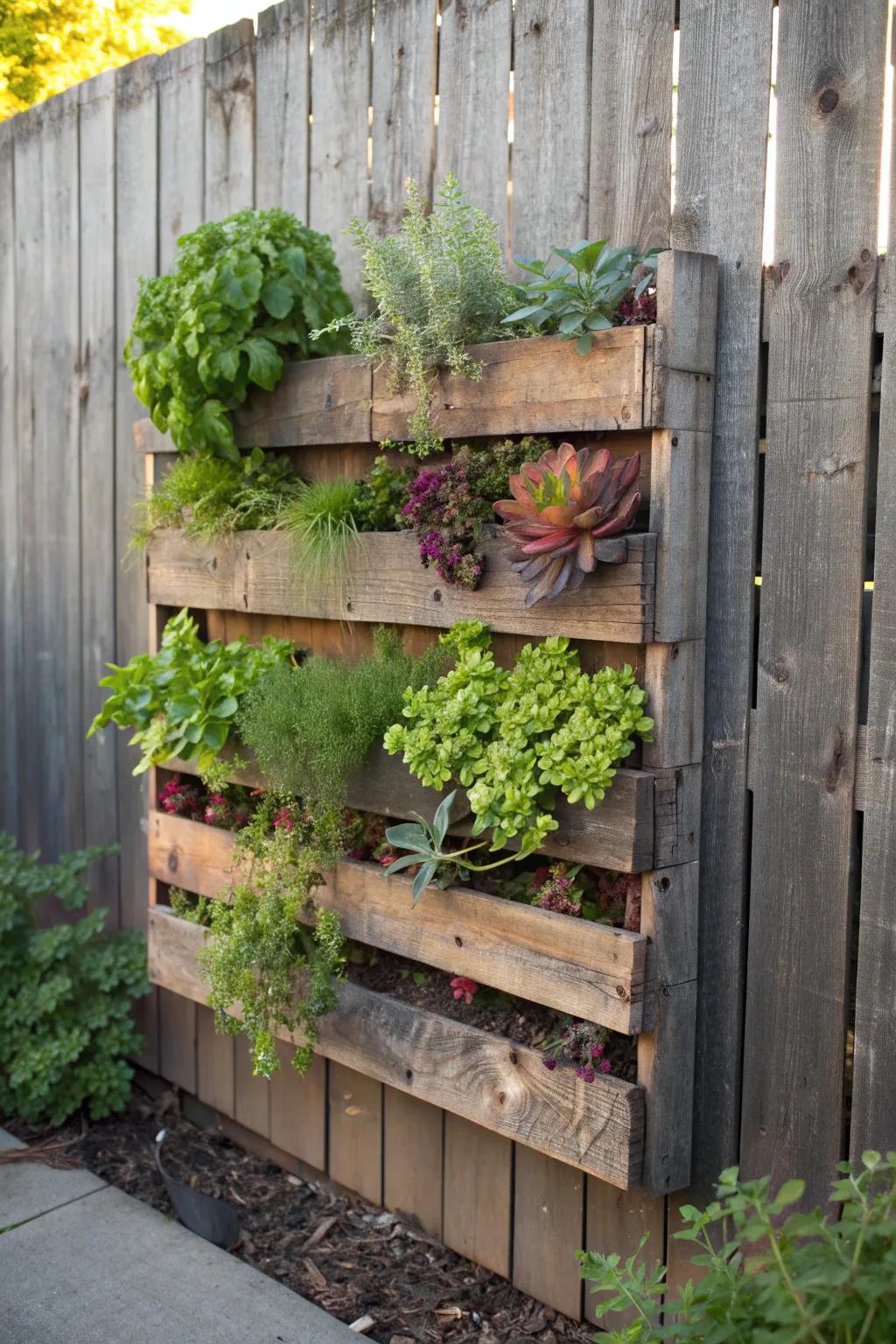 Elevate your outdoor space with a stunning pallet planter wall - where rustic charm meets lush greenery.