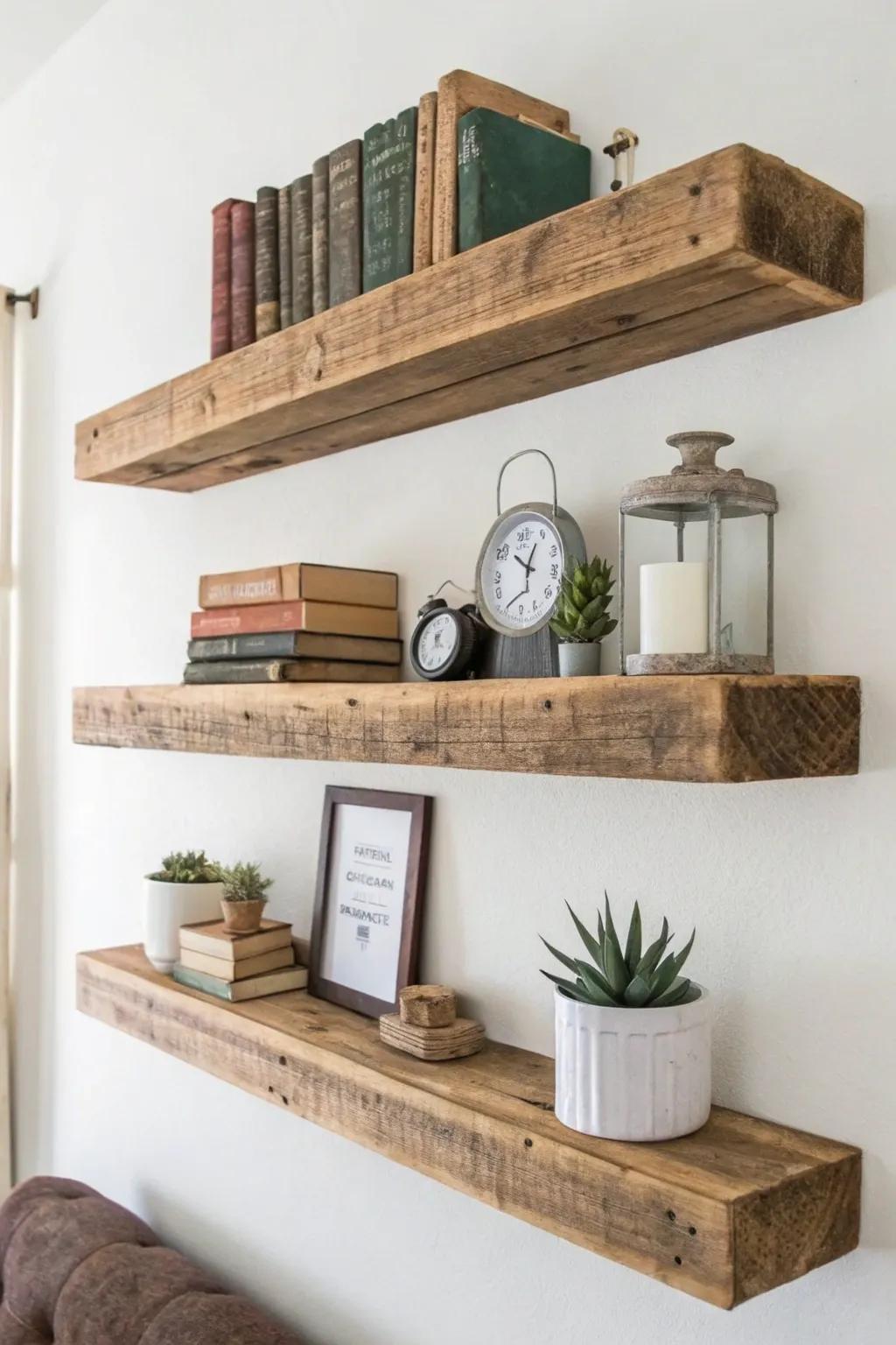 Elevate your space with rustic charm: Handcrafted floating shelves from pallet wood.