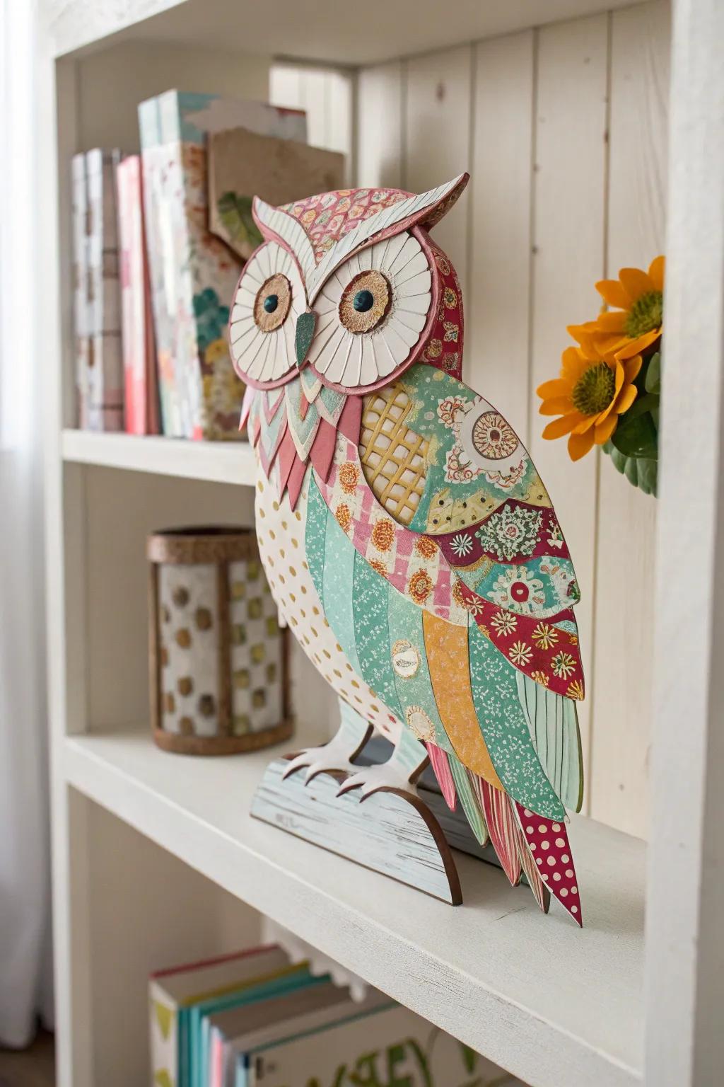Transform your space with the charm of handcrafted paper collage art—meet the colorful owl, where Scandinavian simplicity meets Boho creativity.