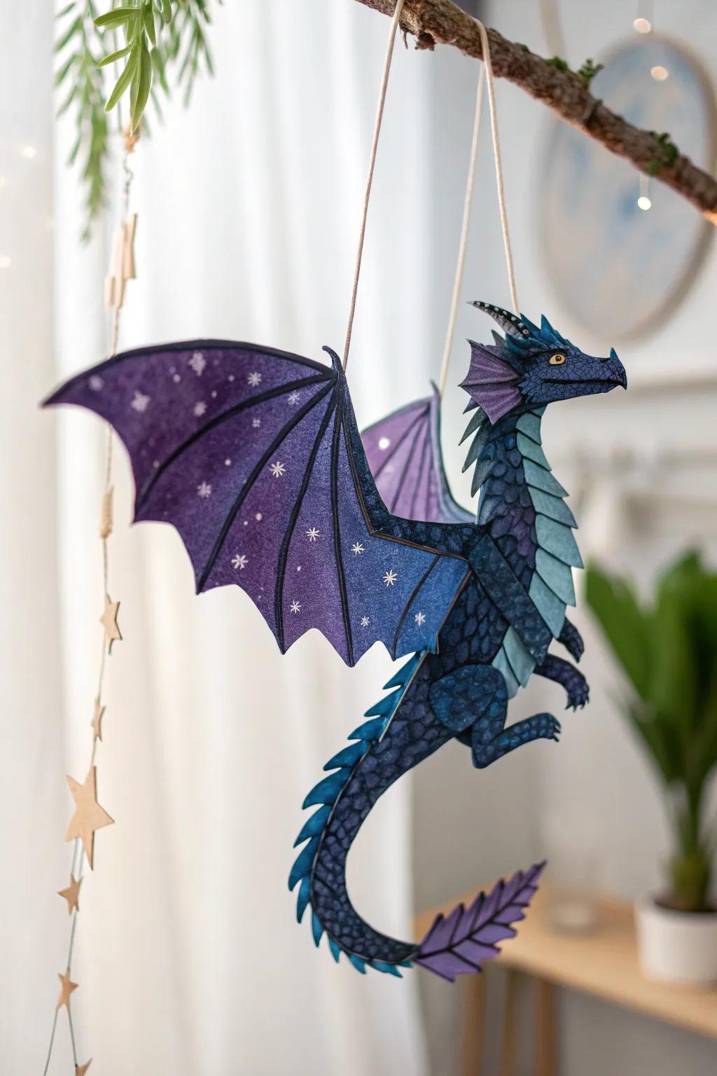 Unleash the magic with a mythical touch: A paper dragon puppet in enchanting hues of purple and blue.