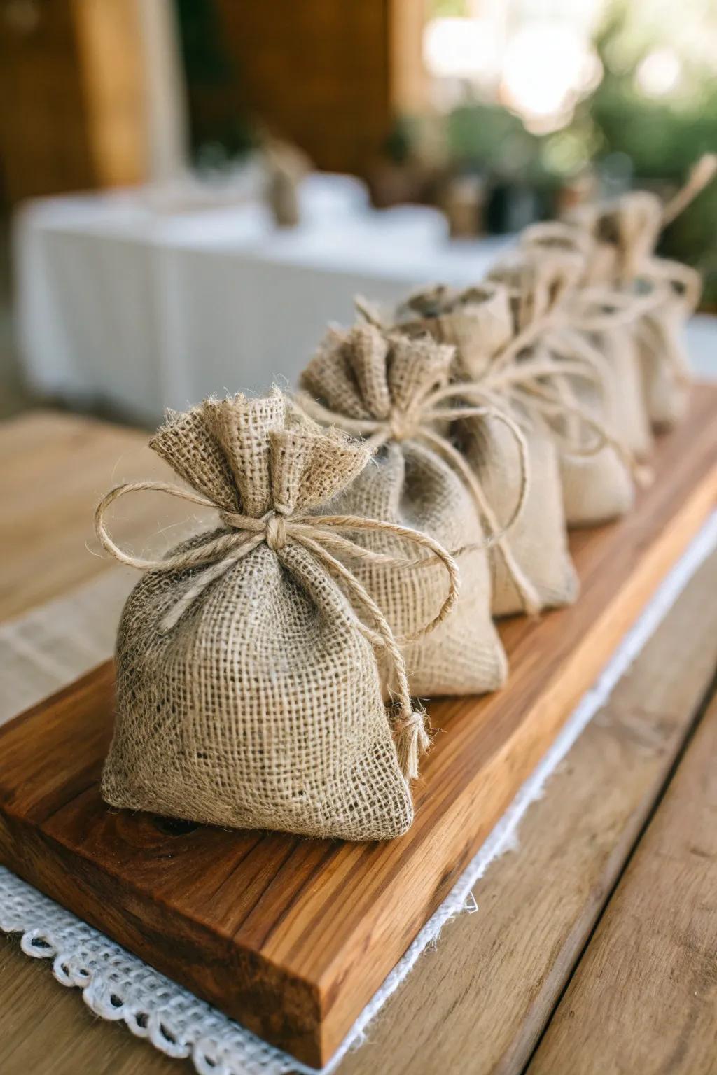 Eco-friendly burlap packaging, adding a rustic charm to baptism favors.