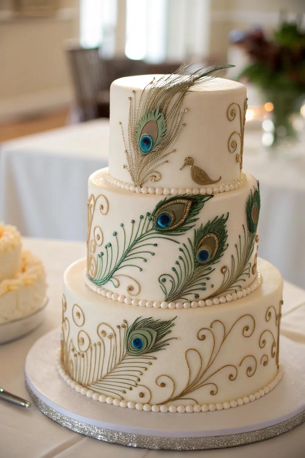 A stunning wedding cake adorned with intricate peacock feather designs.