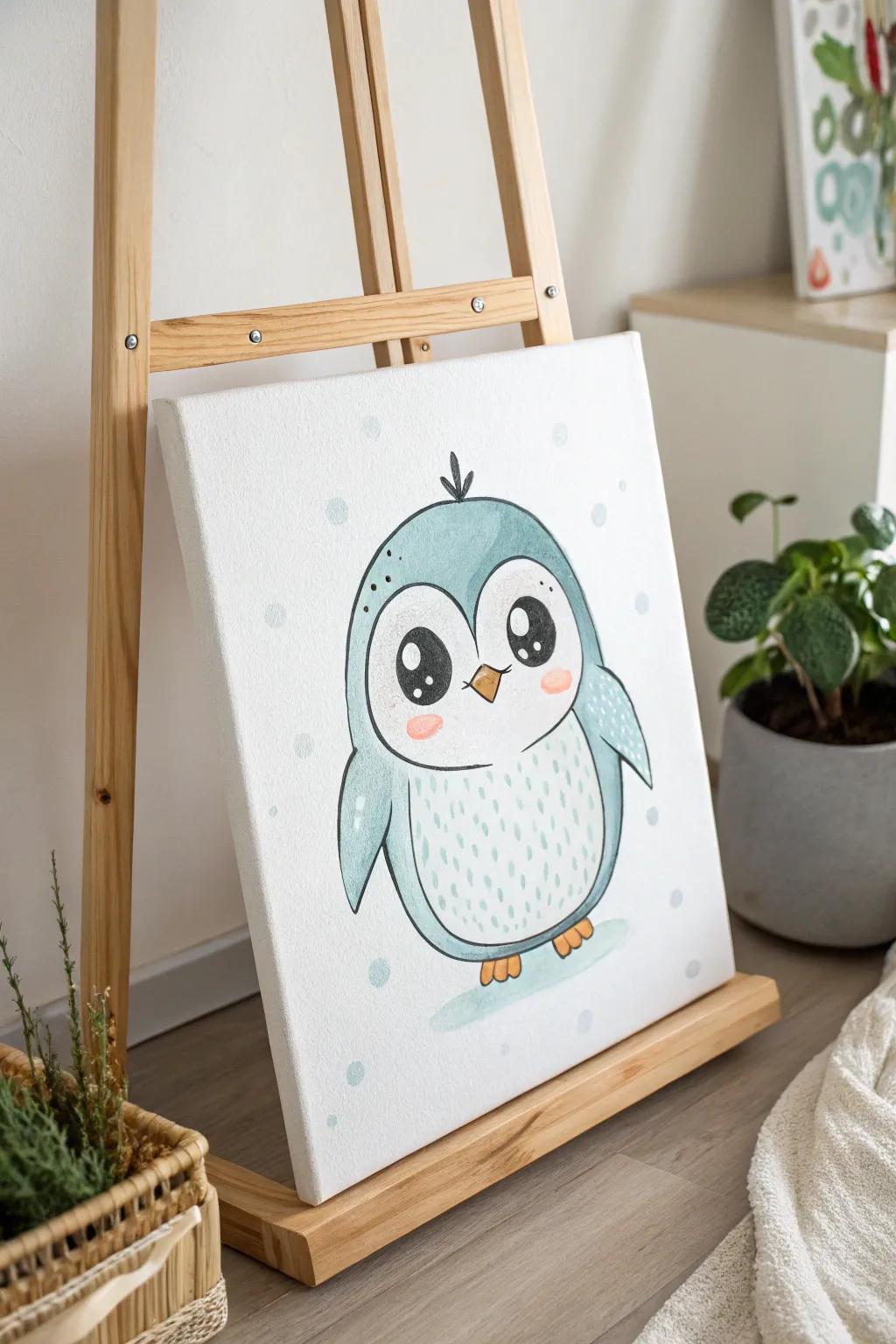 Add a touch of whimsy to your space with this charming cartoonish penguin painting—perfect for those who love simplicity and playful elegance.