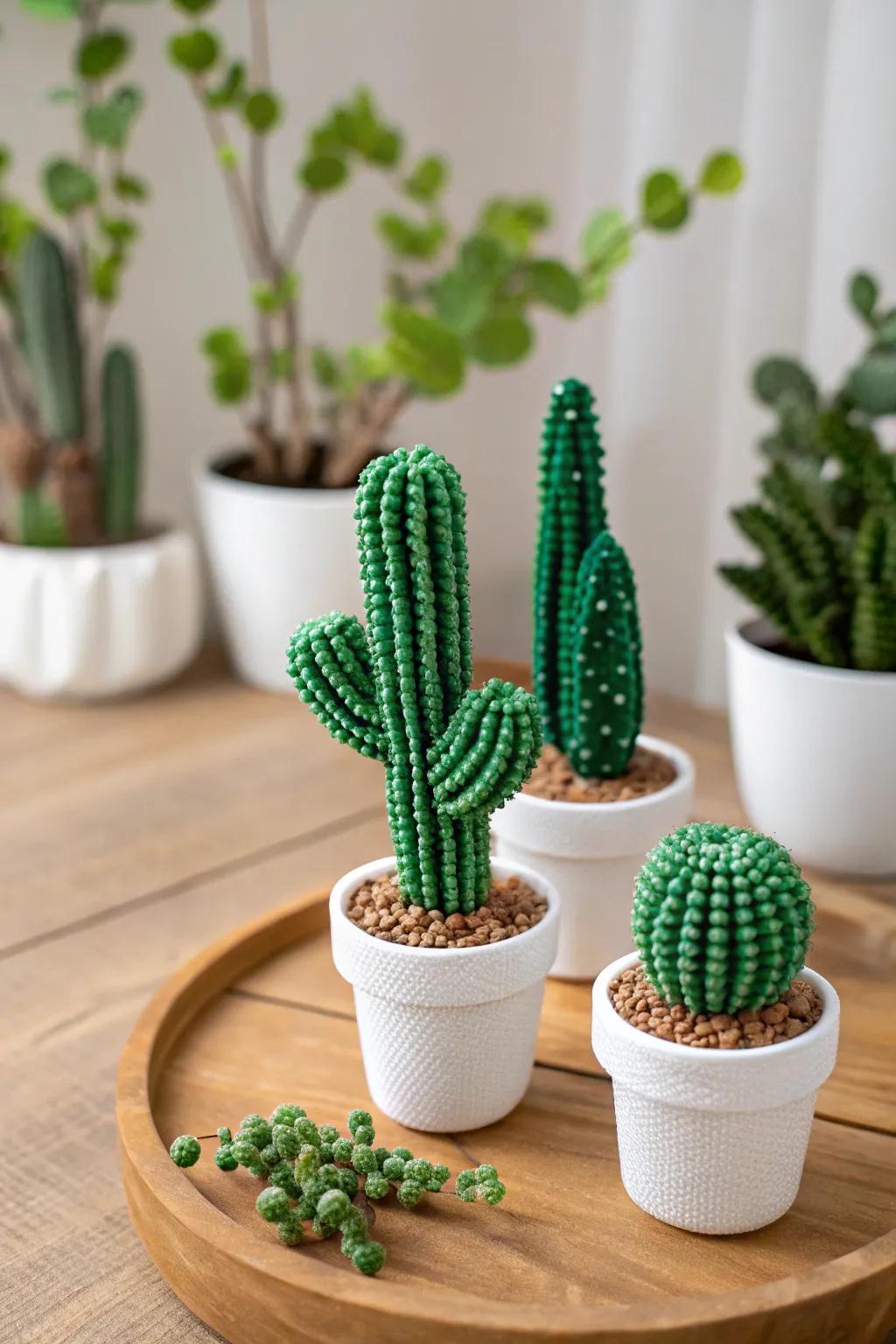 Bring a touch of green to your space with these charming perler bead cacti—no watering needed!