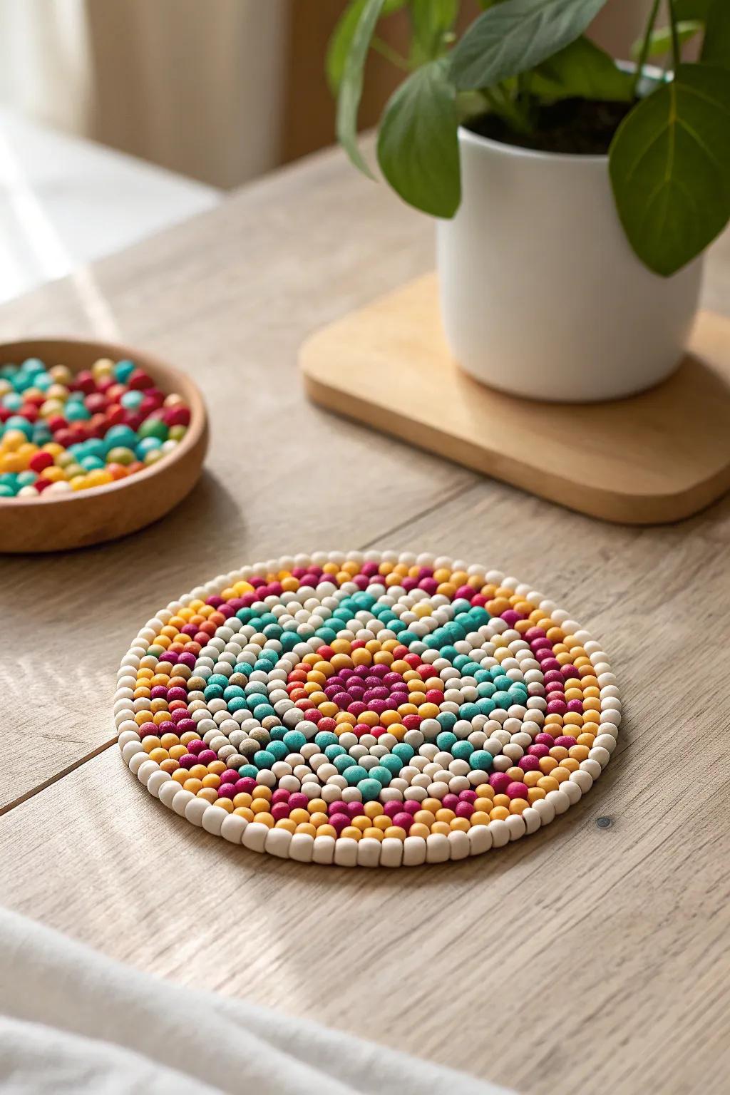 Elevate your coffee table with these chic abstract geometric coasters made from perler beads. A perfect blend of modern elegance and artisanal charm.