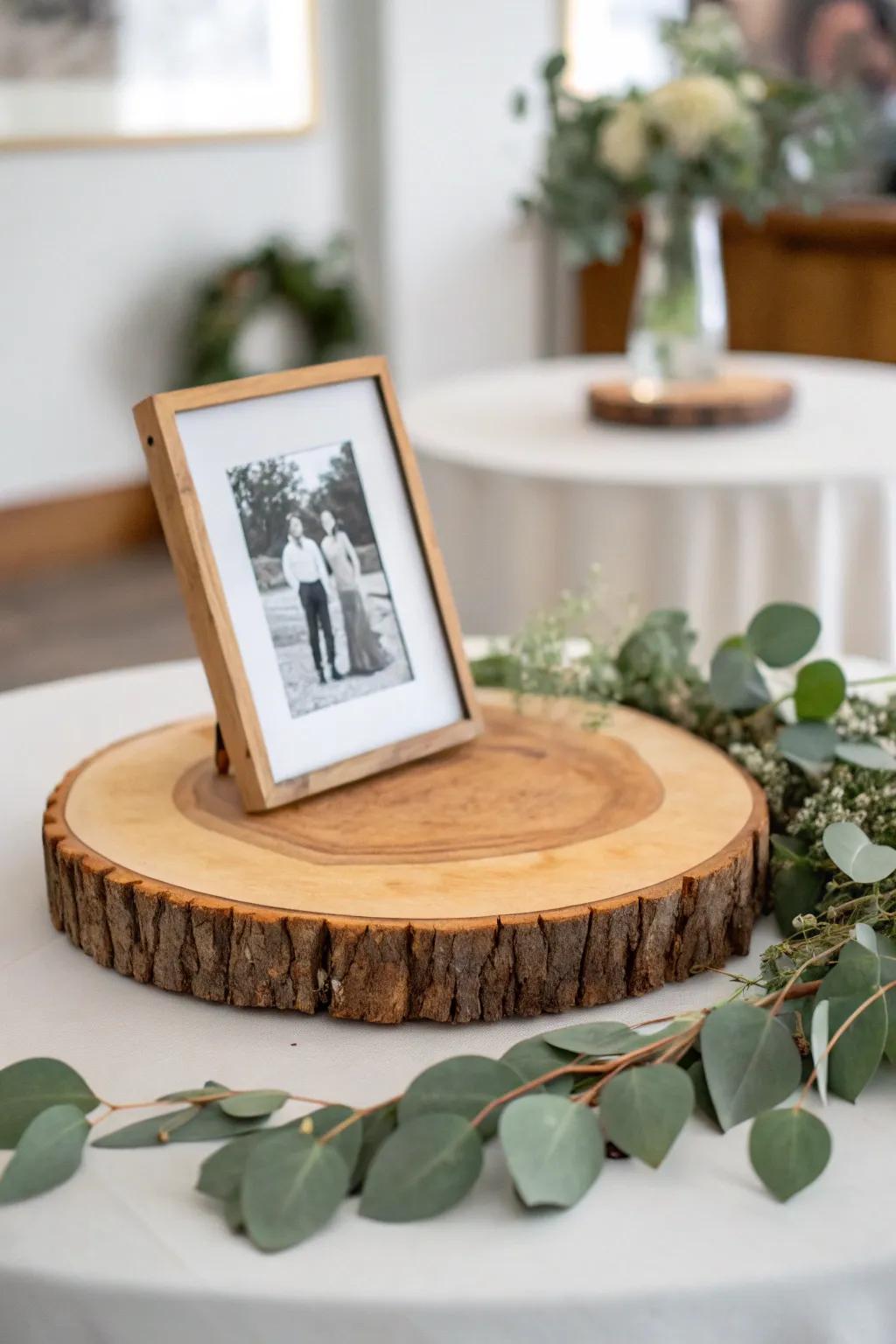 Embrace rustic elegance with a handcrafted wooden slice centerpiece, adding warmth and charm to your table setting.