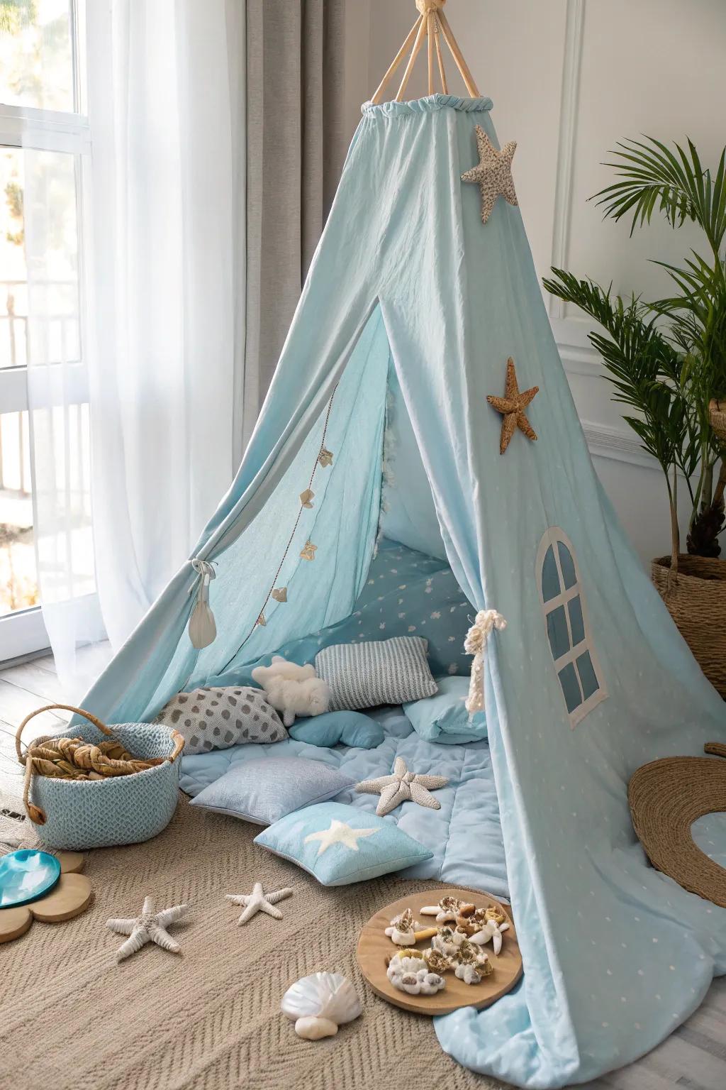 Dive into your own ocean escape with this serene underwater-themed pillow fort!