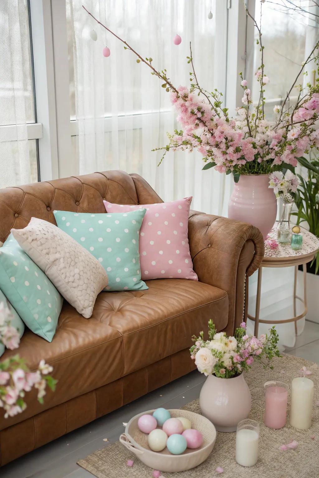 Seasonal pillow swaps keep your leather couch looking fresh all year.