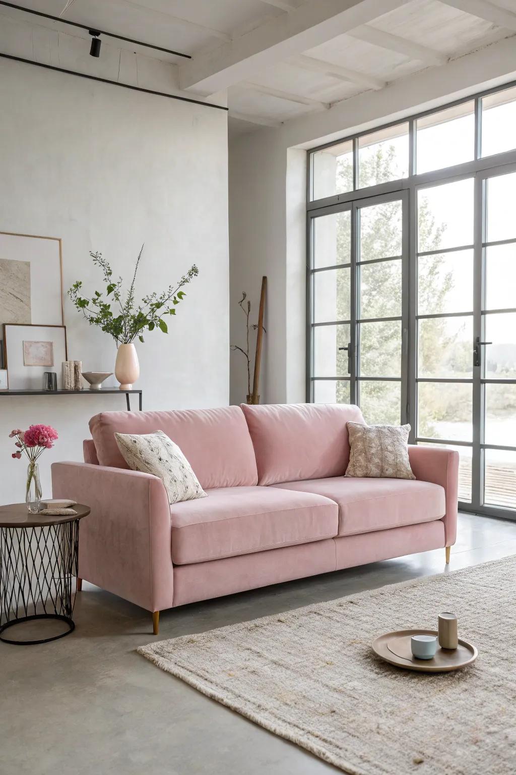 A minimalist approach can make a pink couch the centerpiece of the room.