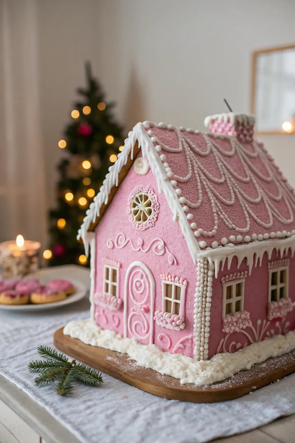 An elegant gingerbread house with velvety pink frosting.