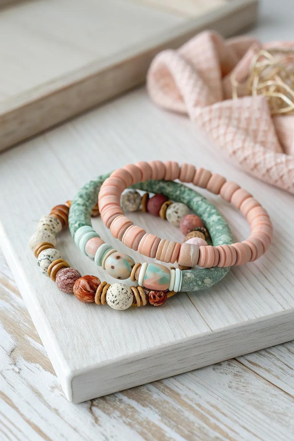 Effortlessly chic with a stack of handcrafted beauty. Discover the art of layering with these polymer clay treasures.