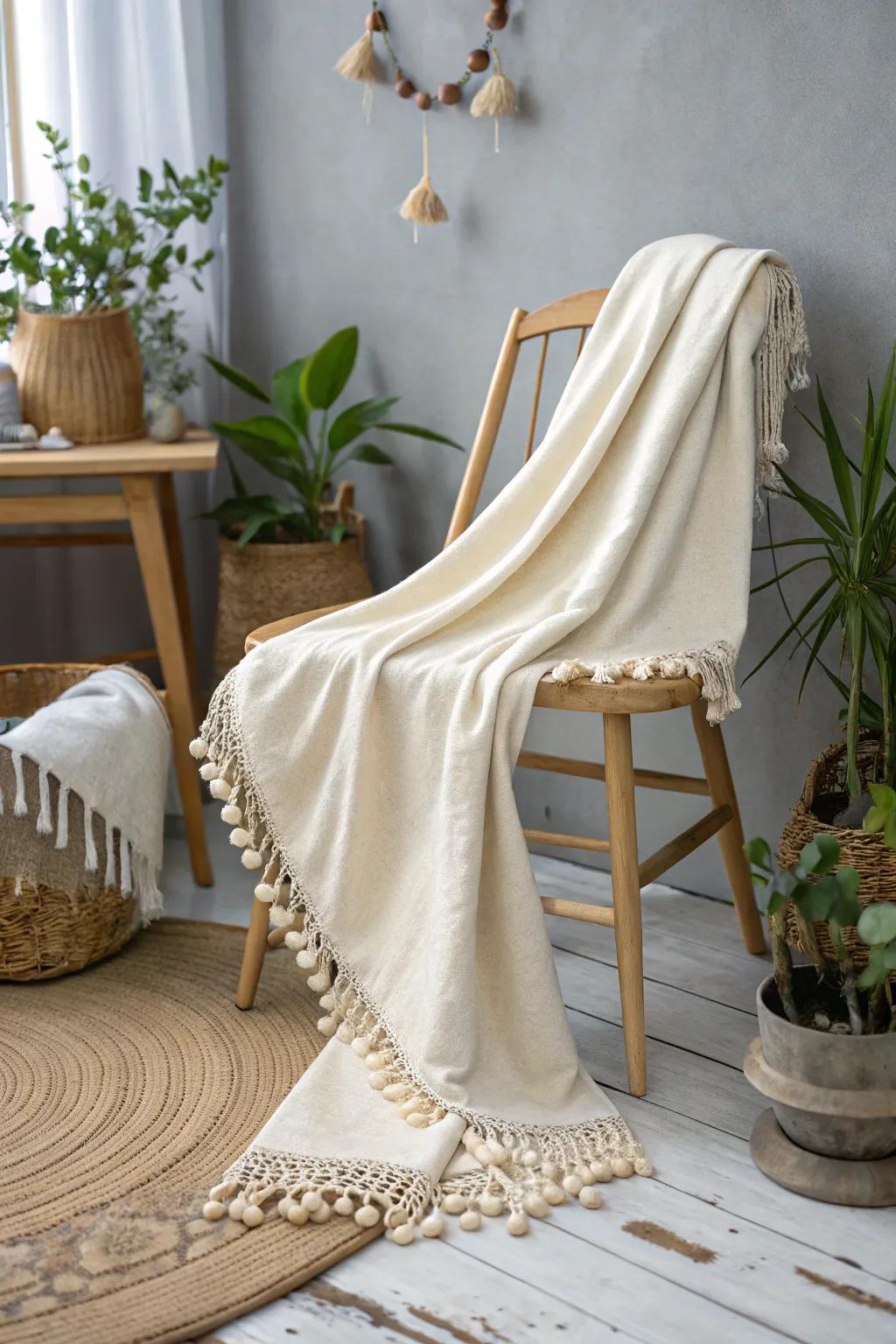 Embrace simplicity with a touch of boho charm: A beautifully crafted fleece prayer blanket.