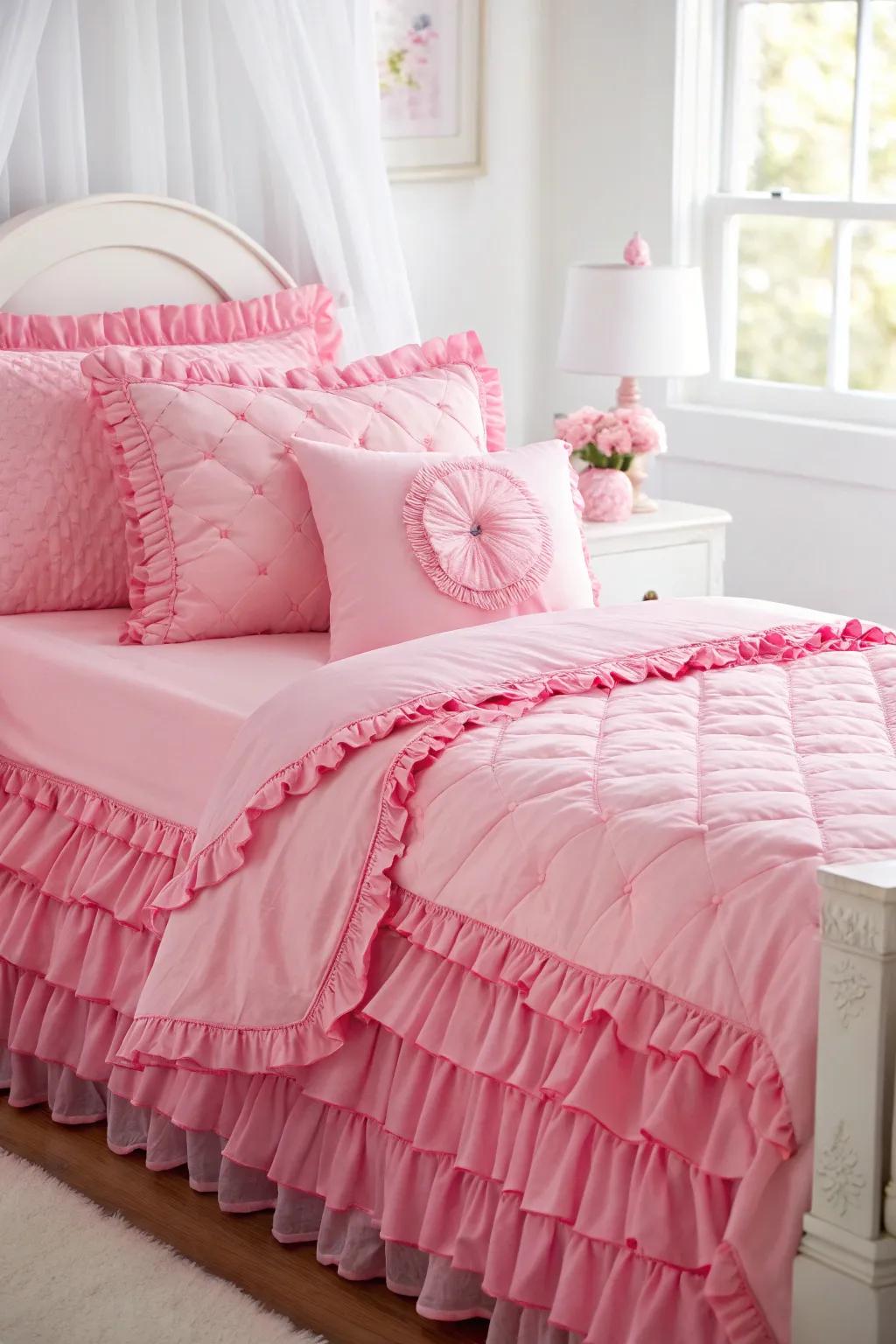 Luxurious textiles with frills and plush cushions for a cozy feel.