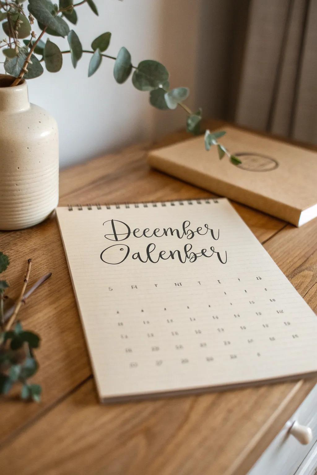 Embrace the warmth of handwritten fonts for your December calendar, where simplicity meets personal charm.