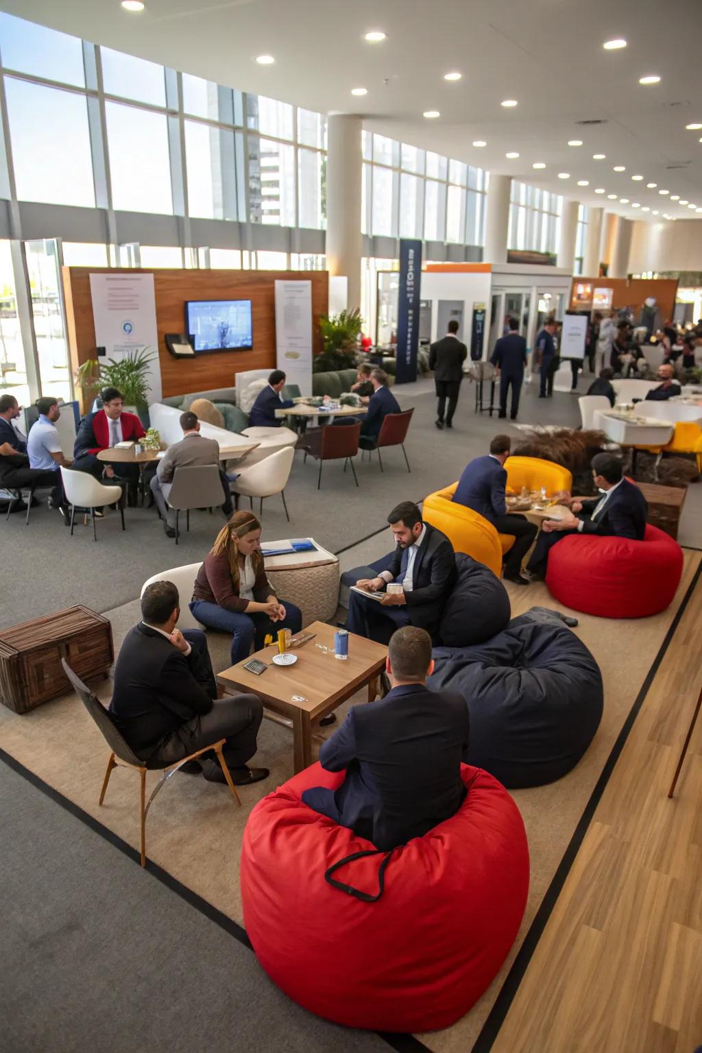 A dynamic meeting space with versatile seating options for collaboration.