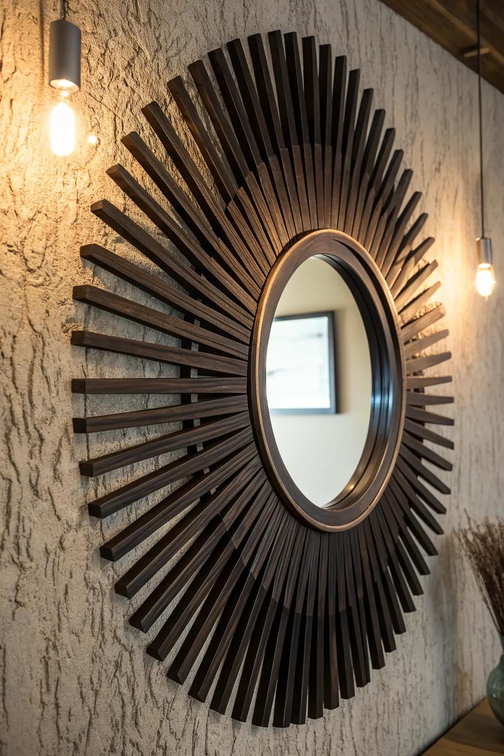 Transform your space with a striking sunburst mirror crafted from repurposed materials—perfect for the modern man.
