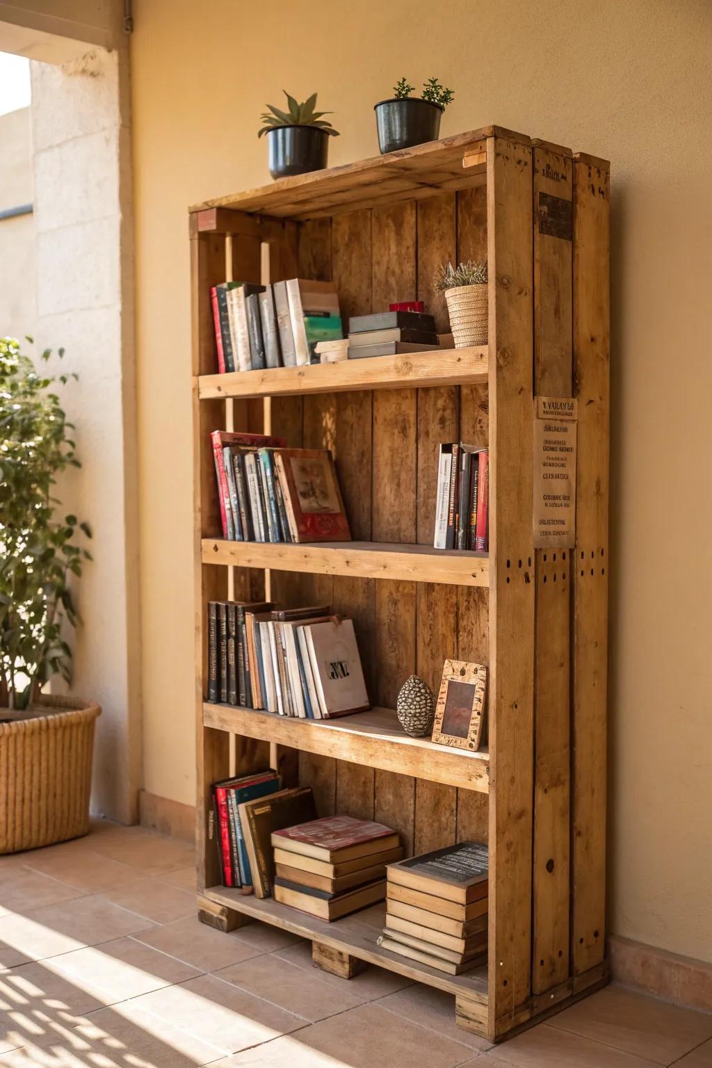 Transform your space with this eco-chic pallet bookshelf, where your books find a stylish new home.