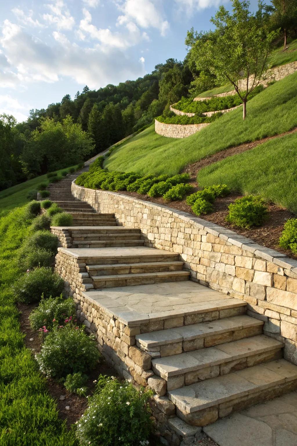 Transform your landscape with terraced steps for a striking visual impact.