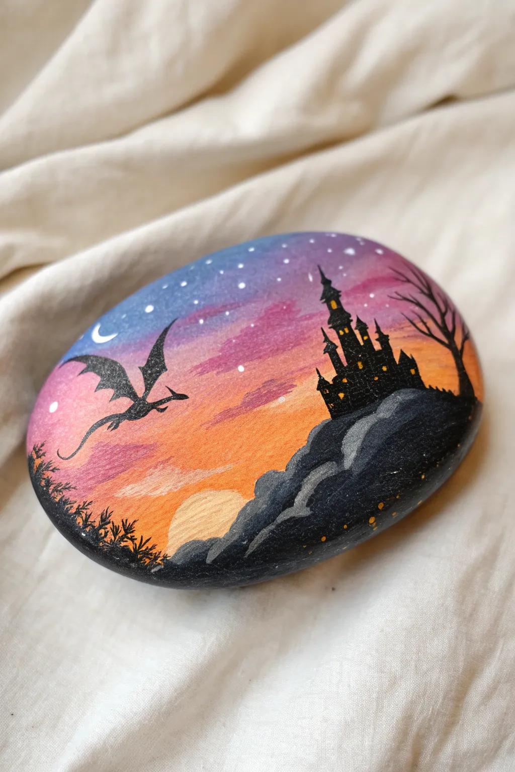 Escape to a magical realm with this enchanting fantasy sunset rock art.